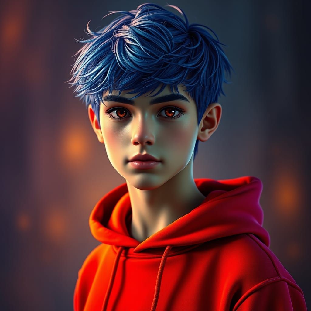 Blue-Haired Teen in Red Hoodie: Digital Portrait