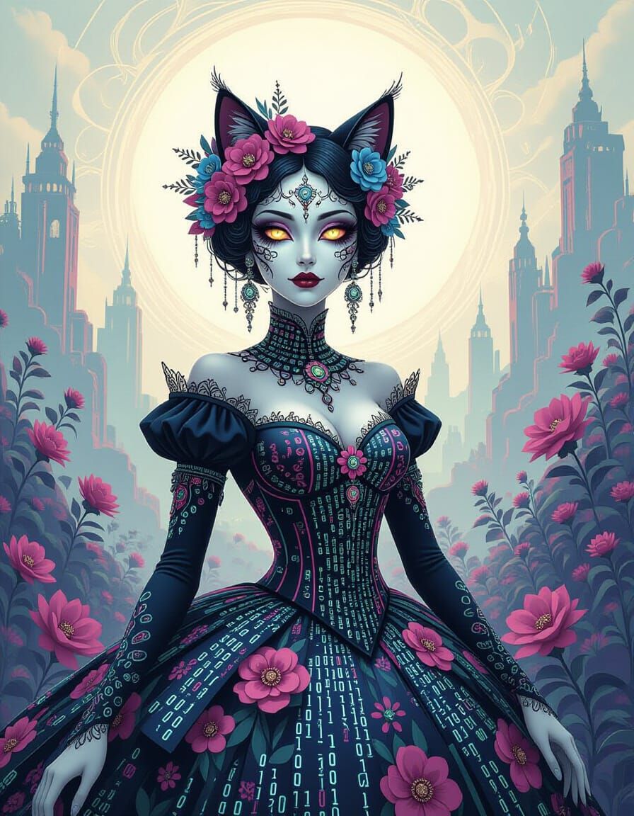 Regal Catrina with Floral and Binary Code Amidst Ethereal La...