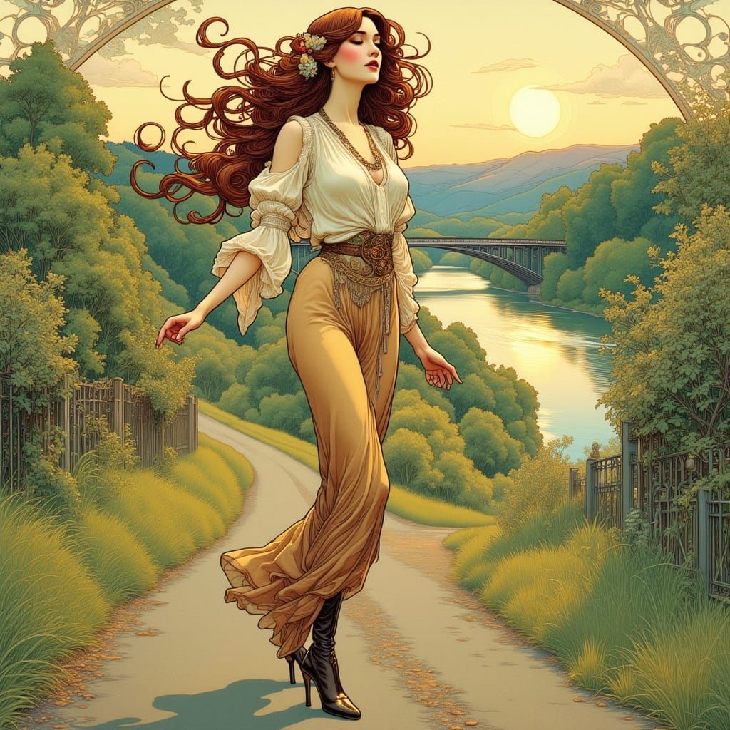 Art Nouveau Woman by River in Fairytale Illustration Style