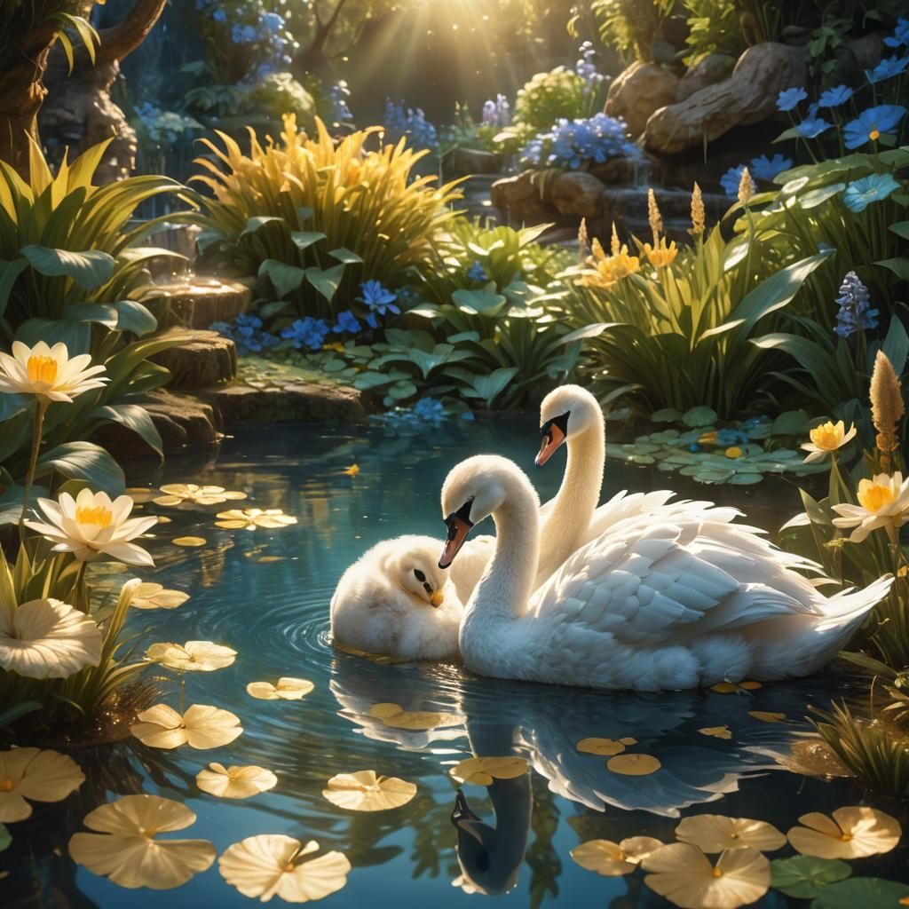 Baby Swan in Mystical Garden: Art Nouveau Style