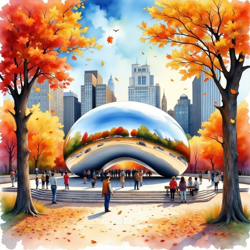 Autumn Watercolor of Chicago Bean in Millennium Park