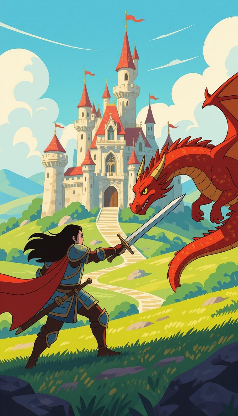 Warrior and Dragon in Cartoon Style