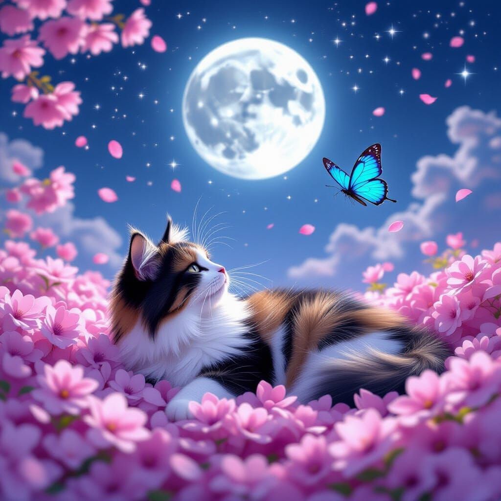Calico Cat Amongst Petals Under Silver Moon