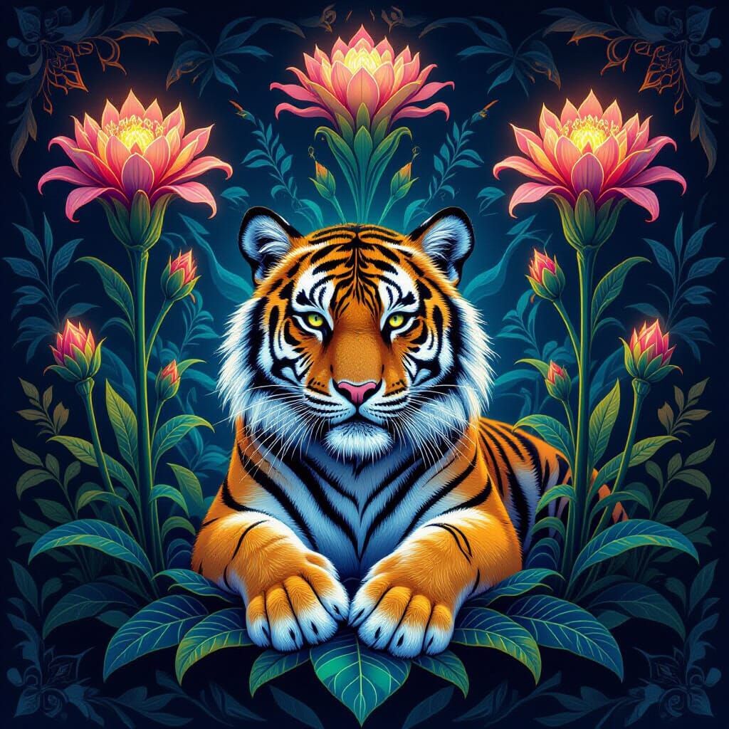 Bioluminescent Tiger Mandala with Alien Flora