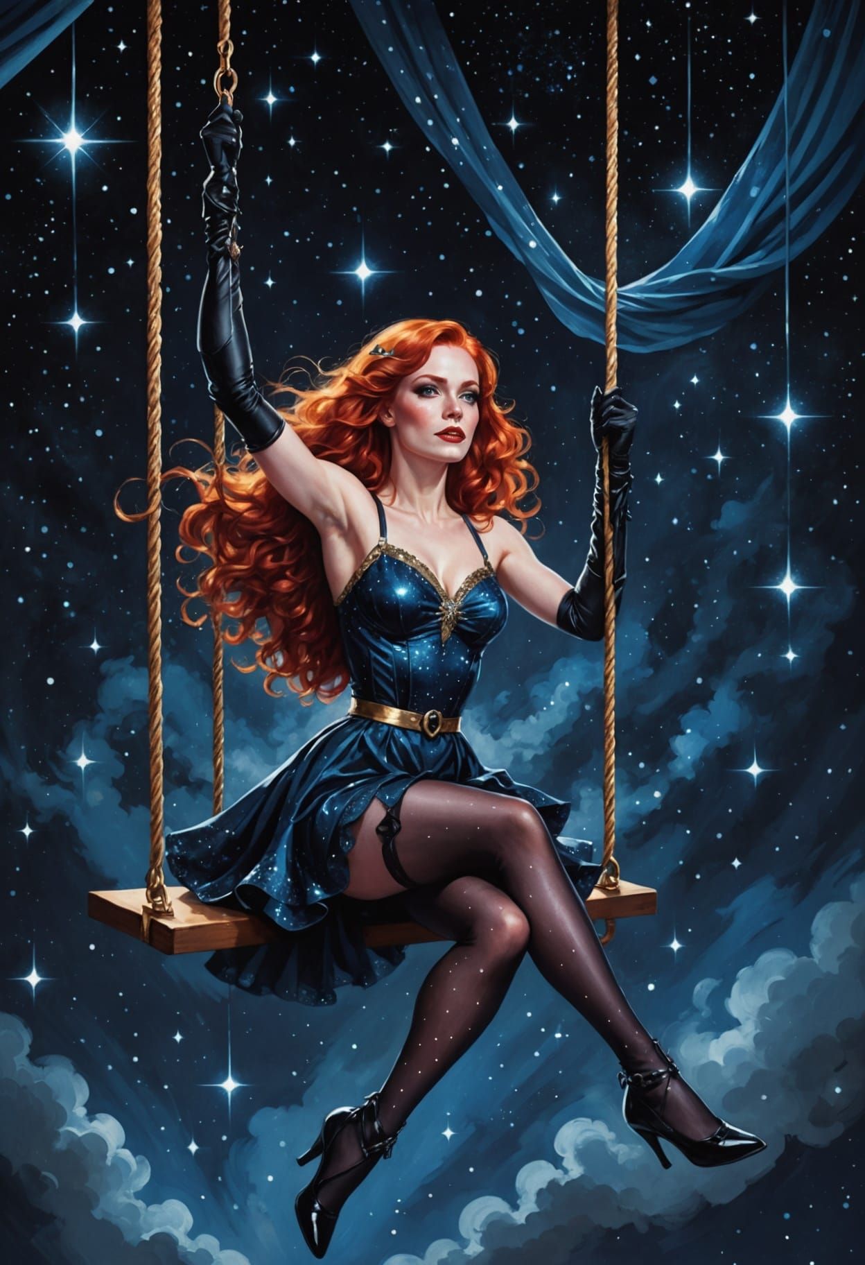 Red-Haired Acrobat in Burlesque Outfit, Cartoon Illustration