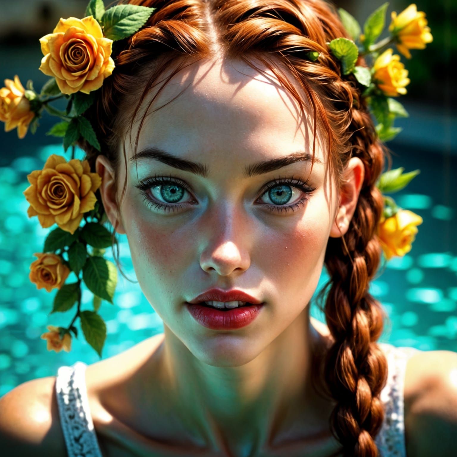 Red-Haired Beauty with Rose, Hyperrealistic Close-Up