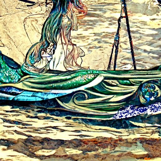 Fisherman and Mermaid Encounter in Art Nouveau Style