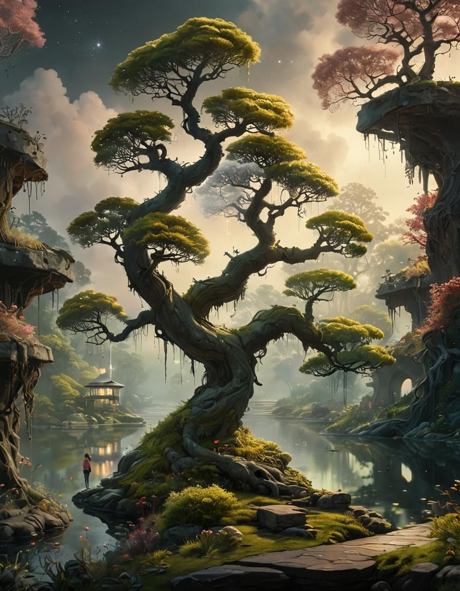 Lush Lakeside Garden at Dawn in Oil Painting Style