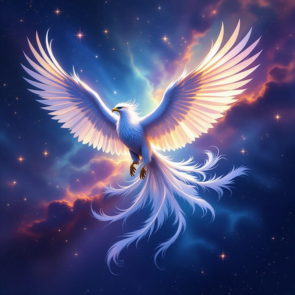 Mystical Griffin Soars Through Starry Nebula in Digital Matt...