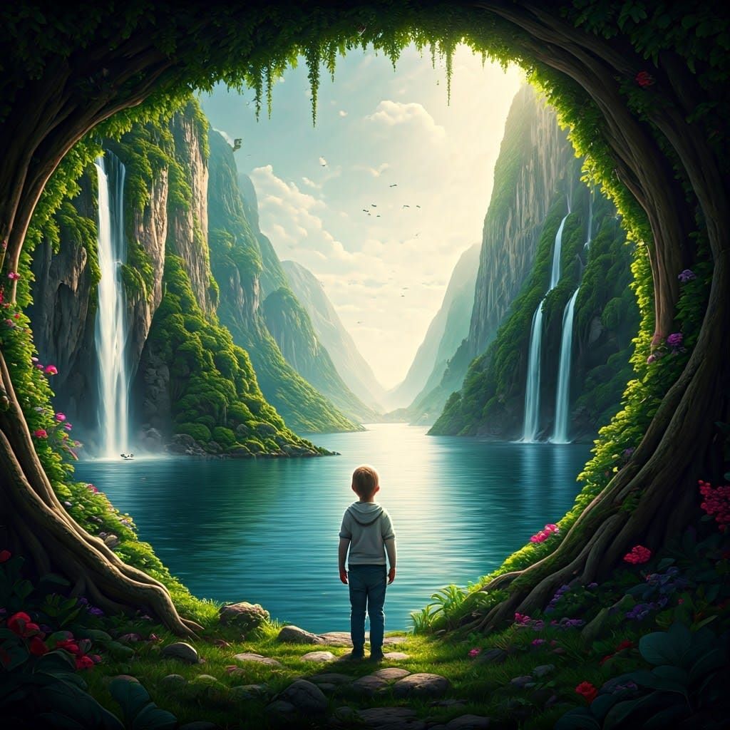 Photorealistic Panorama of a Child in a Breathtaking Natural...