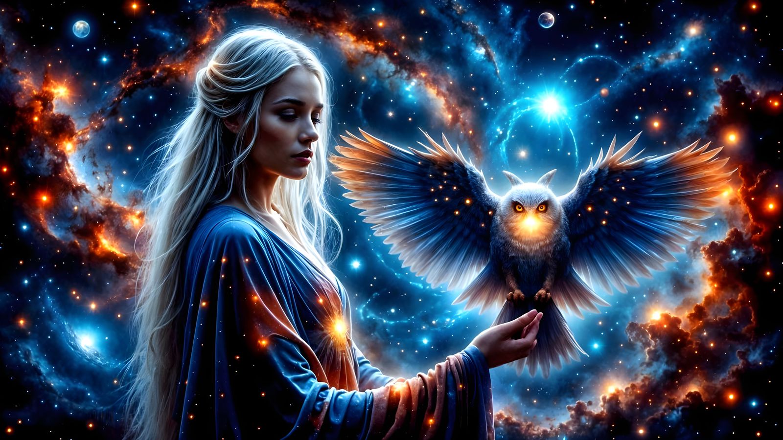 Celestial Being with Owl in Cosmic Nebula