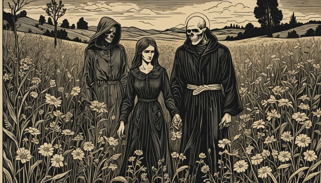Picasso style. Grim Reaper and a beautiful young woman stand...