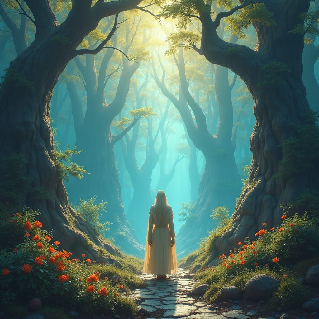 Mystical Figure in Dreamlike Realm, Detailed Matte Painting