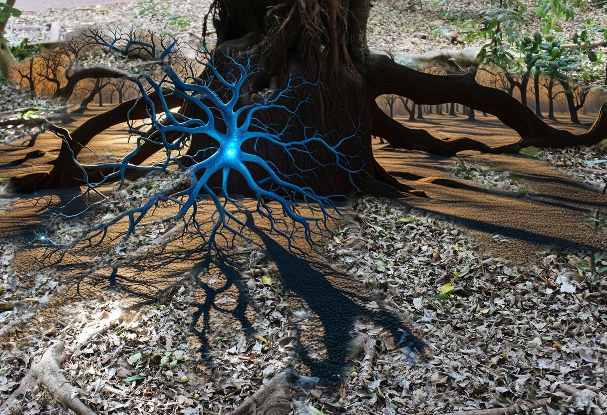 Hyperrealistic Neuron Tree with Glowing Synapses