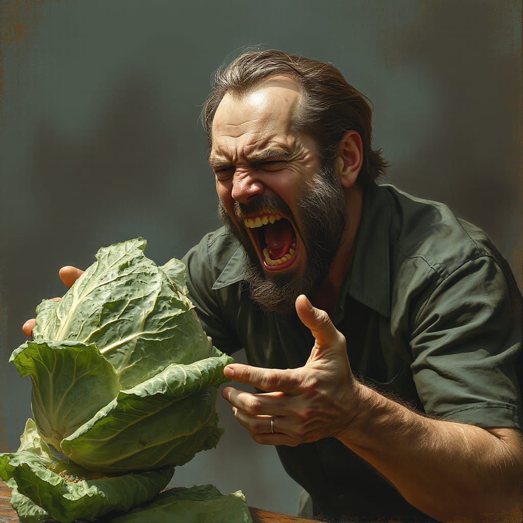 Furious Man Confronts Cabbage in Dramatic Style