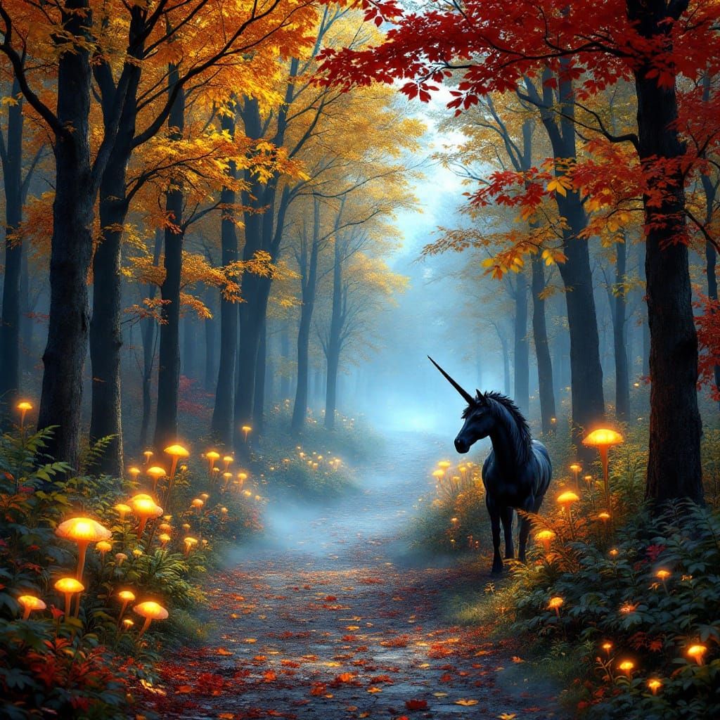 Autumn Forest Dreamscape with Majestic Unicorn