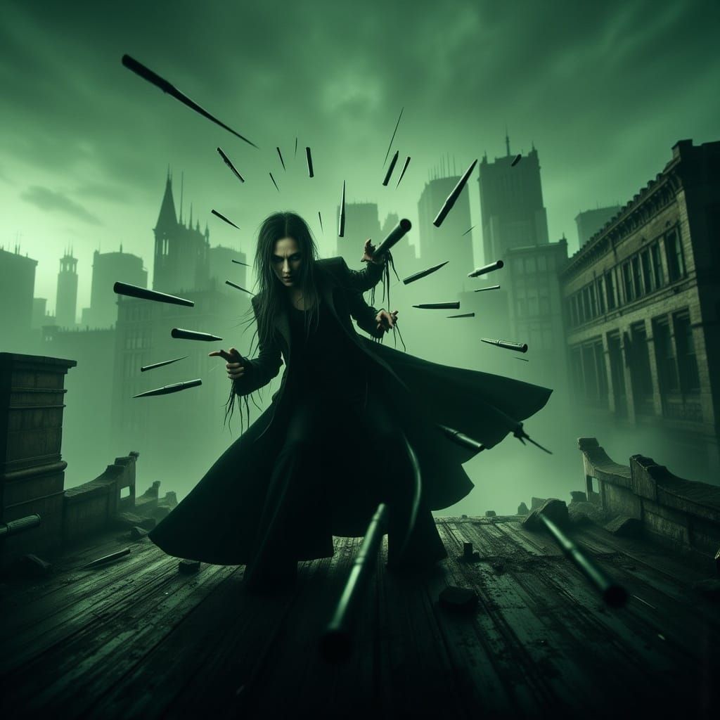 Neo Dodging Bullets in Matrix, Dark Fantasy Surreal