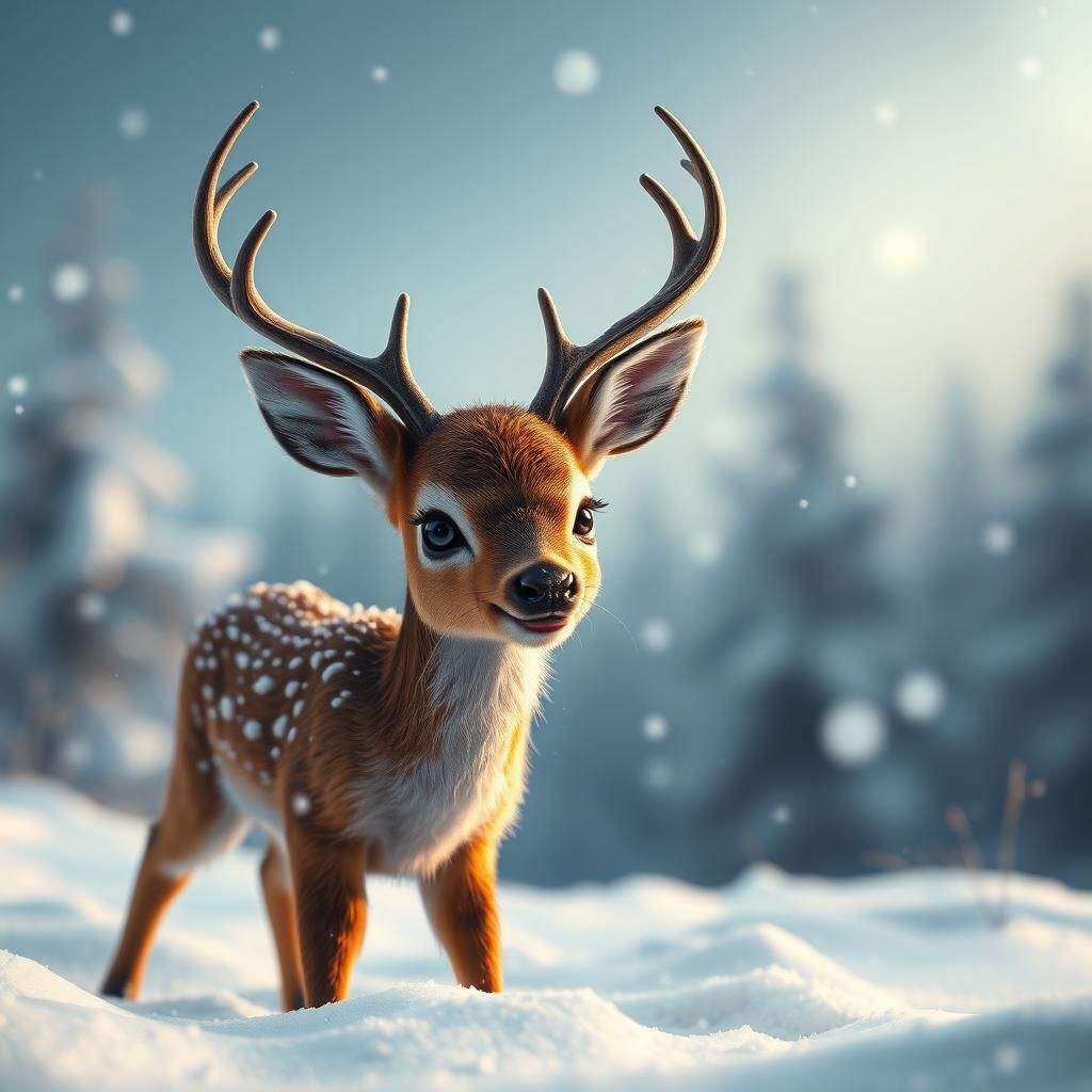 Happy Baby Deer in Snowy Landscape