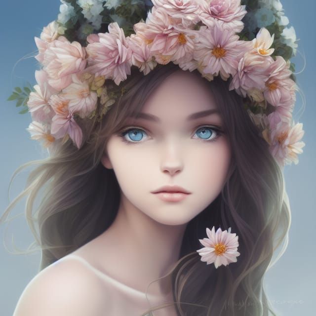 Anime Girl Portrait with Flower Crown