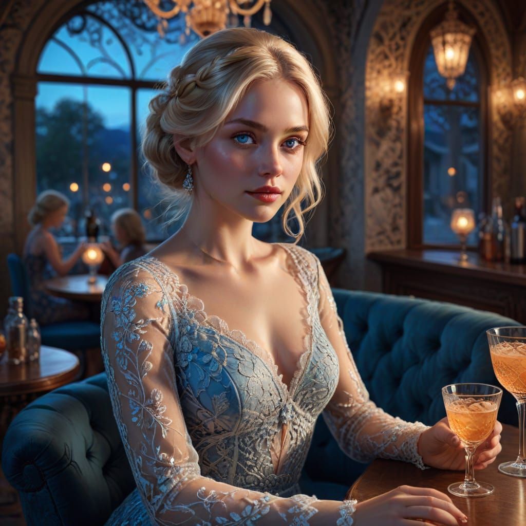 Blonde Woman in Lace Dress Enjoying Cocktail