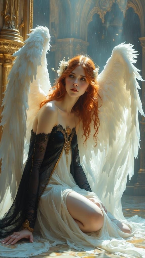 Ethereal Fallen Angel in Cathedral, Art Nouveau Style