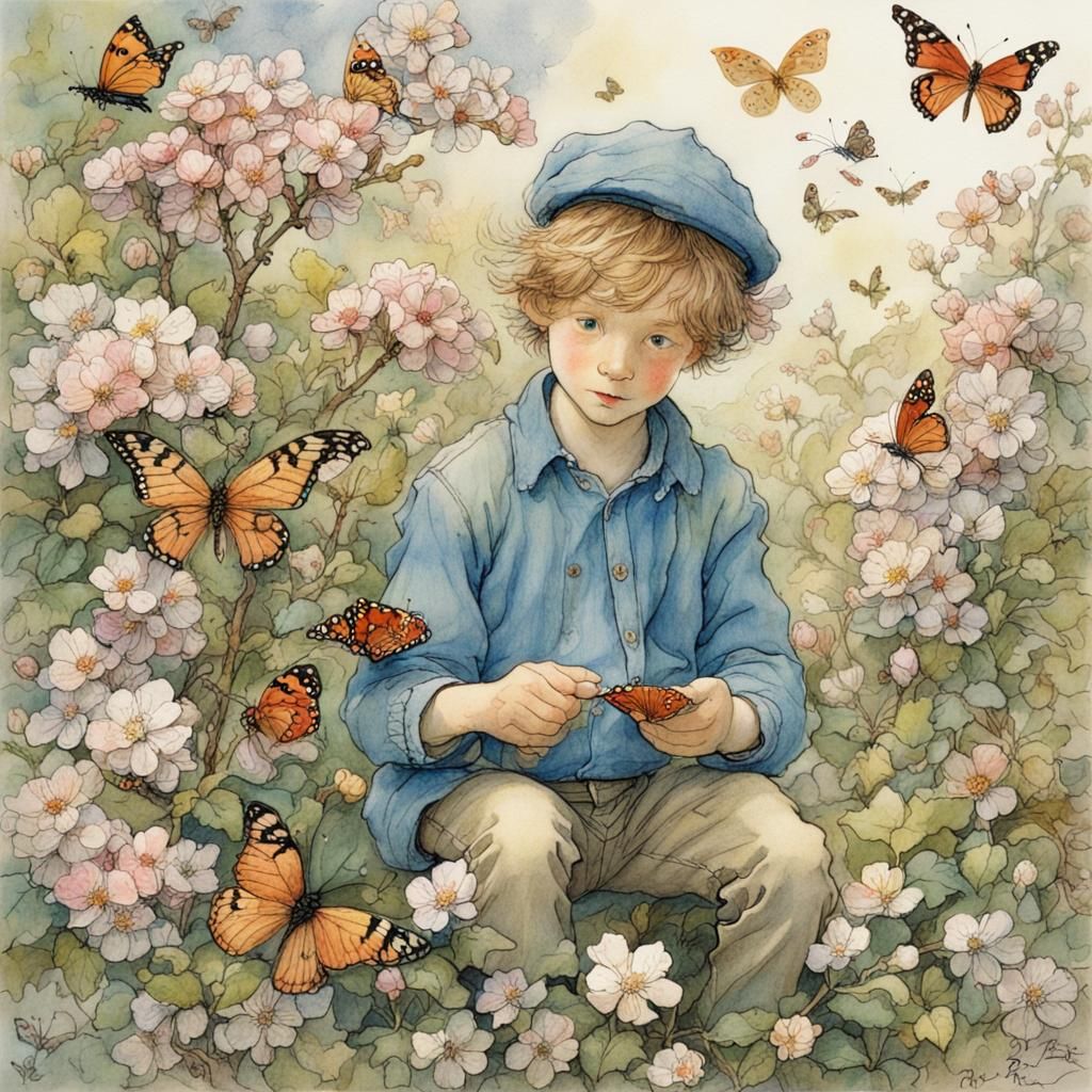 Boy with Blossoms and Butterflies: Storybook Illustration