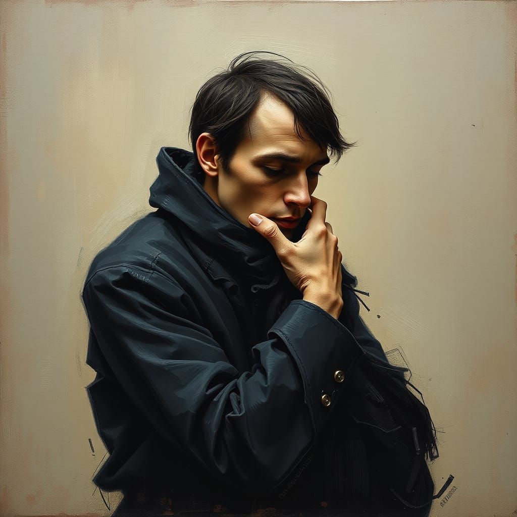 Contemplative Figure in Earthy Drybrush Style