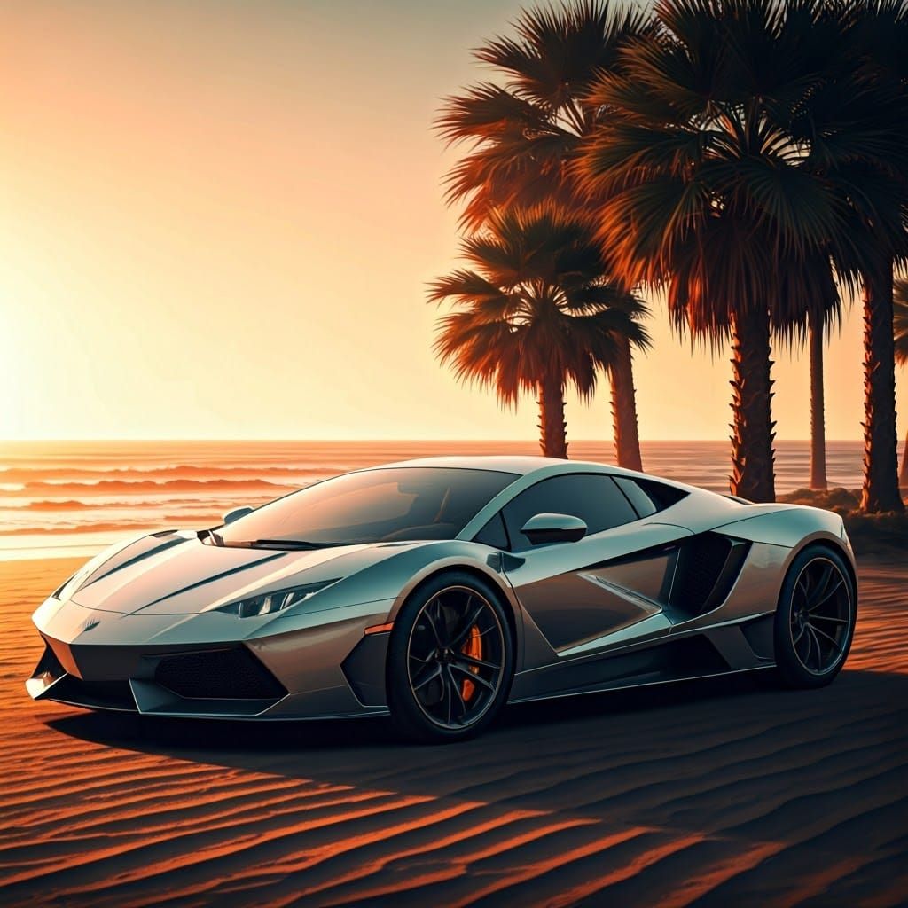 Supercar on Beach at Sunset in Cyberpunk Style