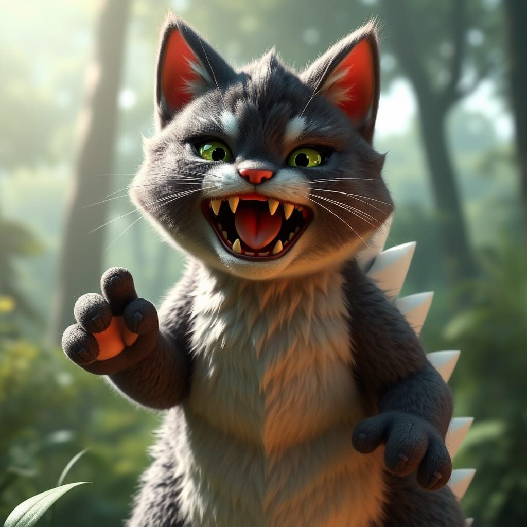 Cyberpunk-Style Feline Monster in a Lush Green Forest