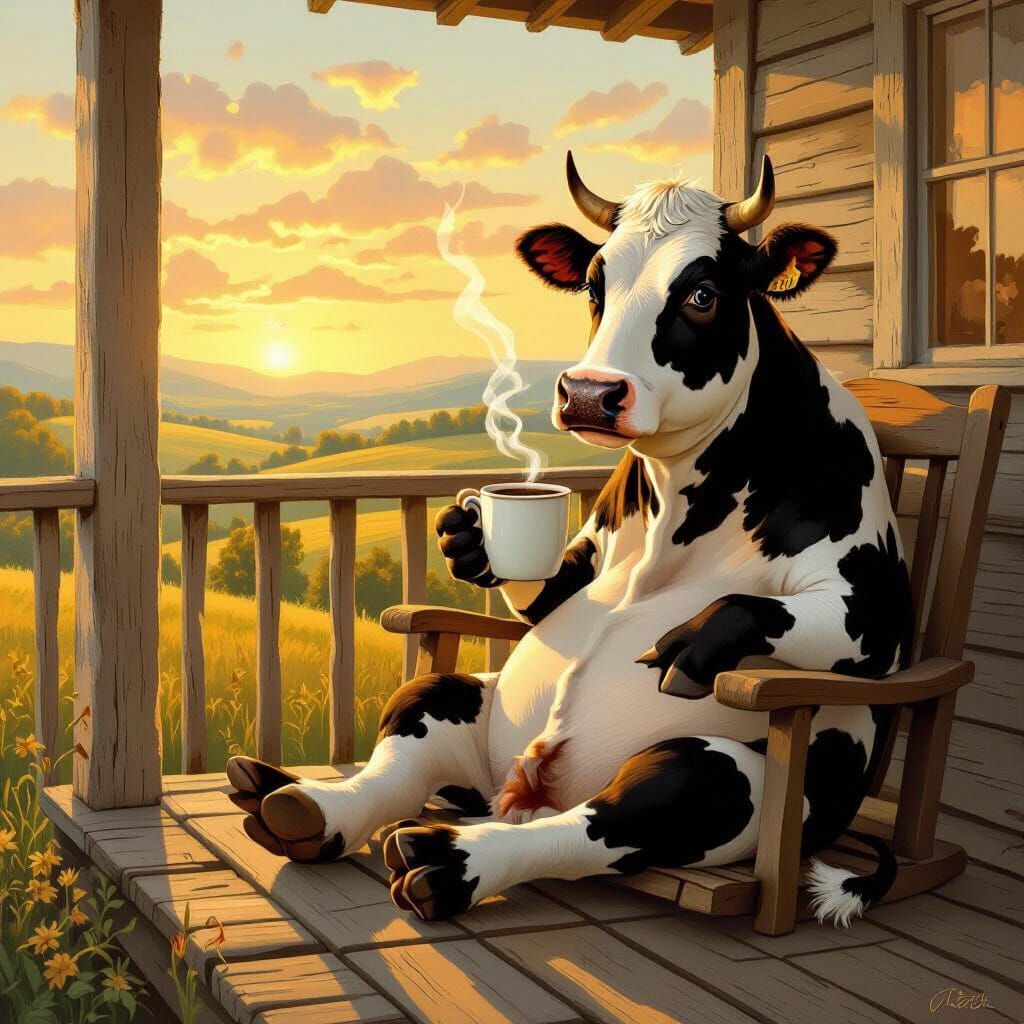 Whimsical Cow Enjoys Coffee on Rustic Porch at Golden Hour