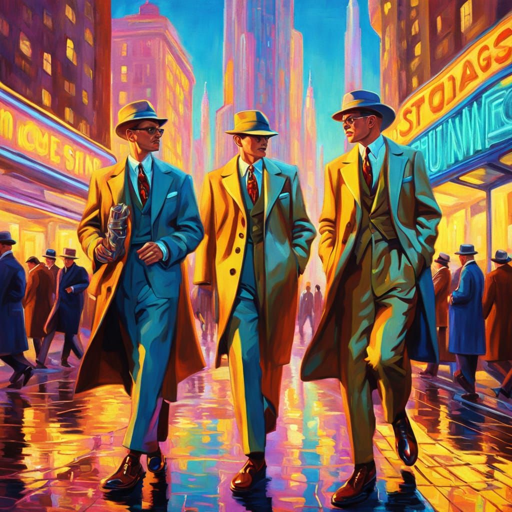 Men's 1950s Fashion in Retro-Futuristic Impressionist Style