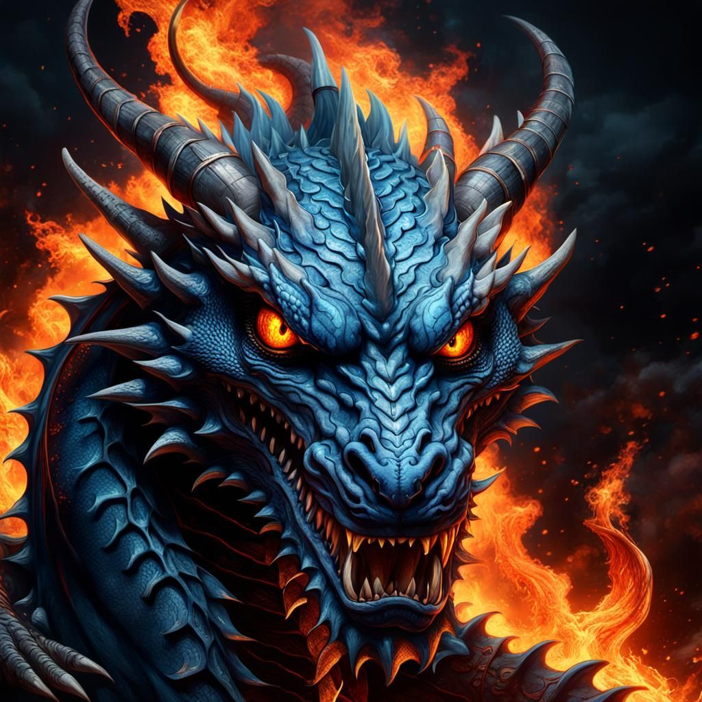 Blue Dragon Portrait in Hell, Hyperrealistic Digital Art