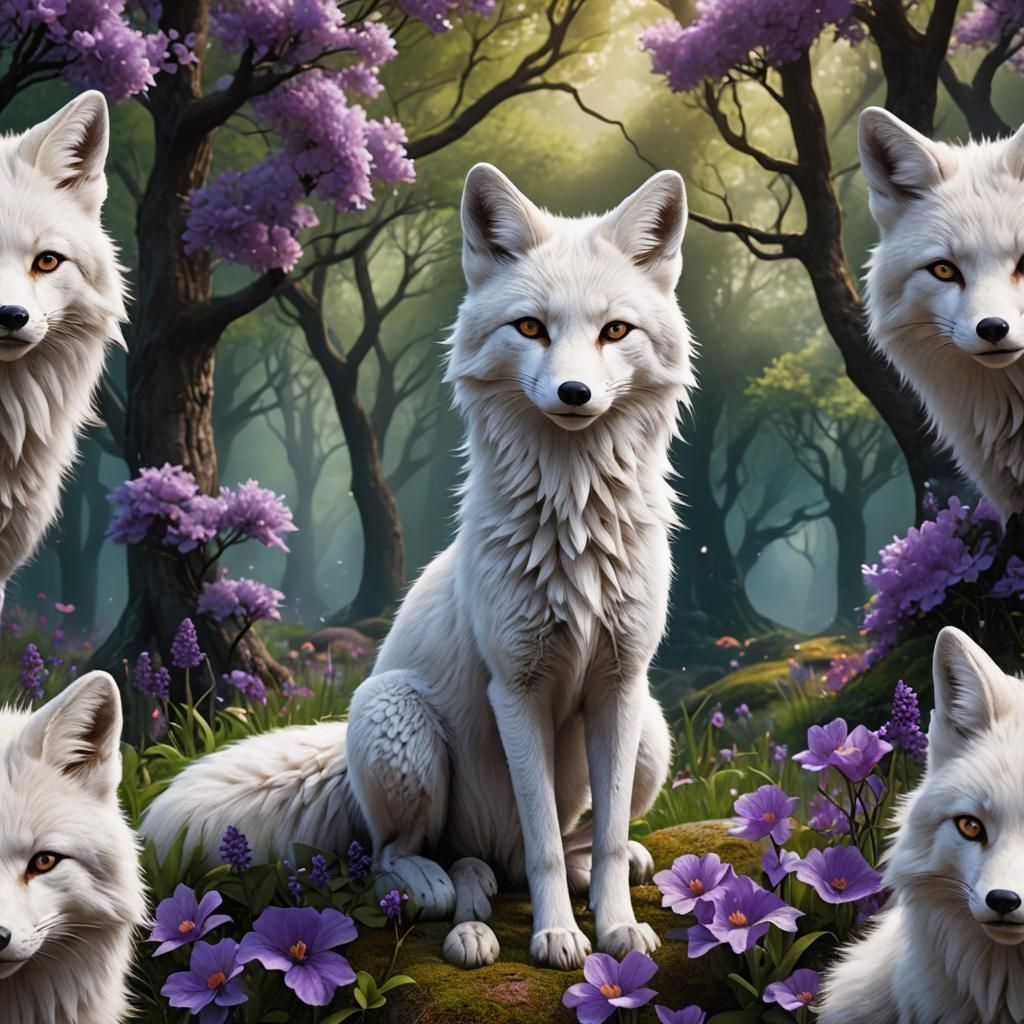 White Fox with Purple Flowers: Detailed Matte Painting