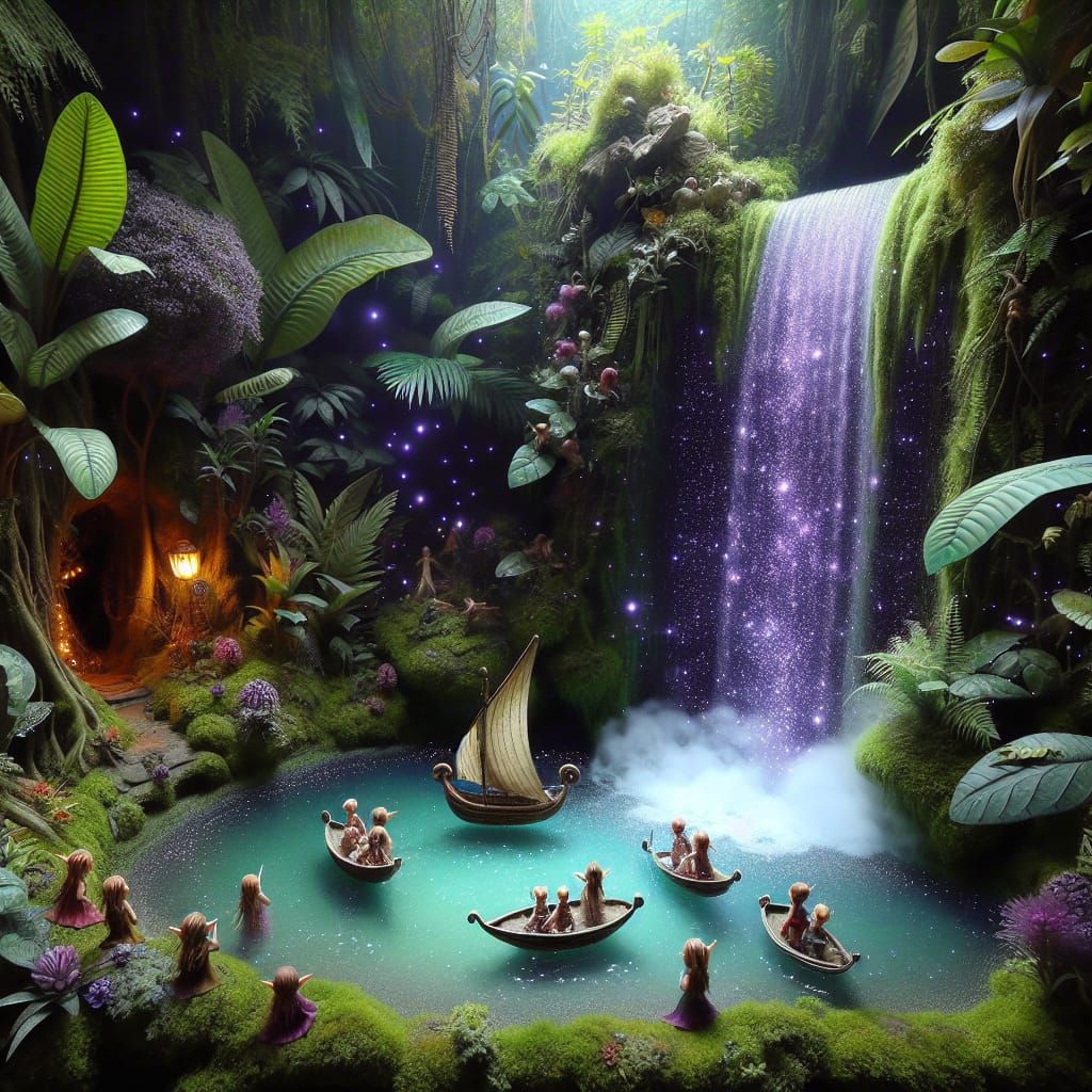 Mystical Jungle Falls in Vibrant, Dreamlike Hues