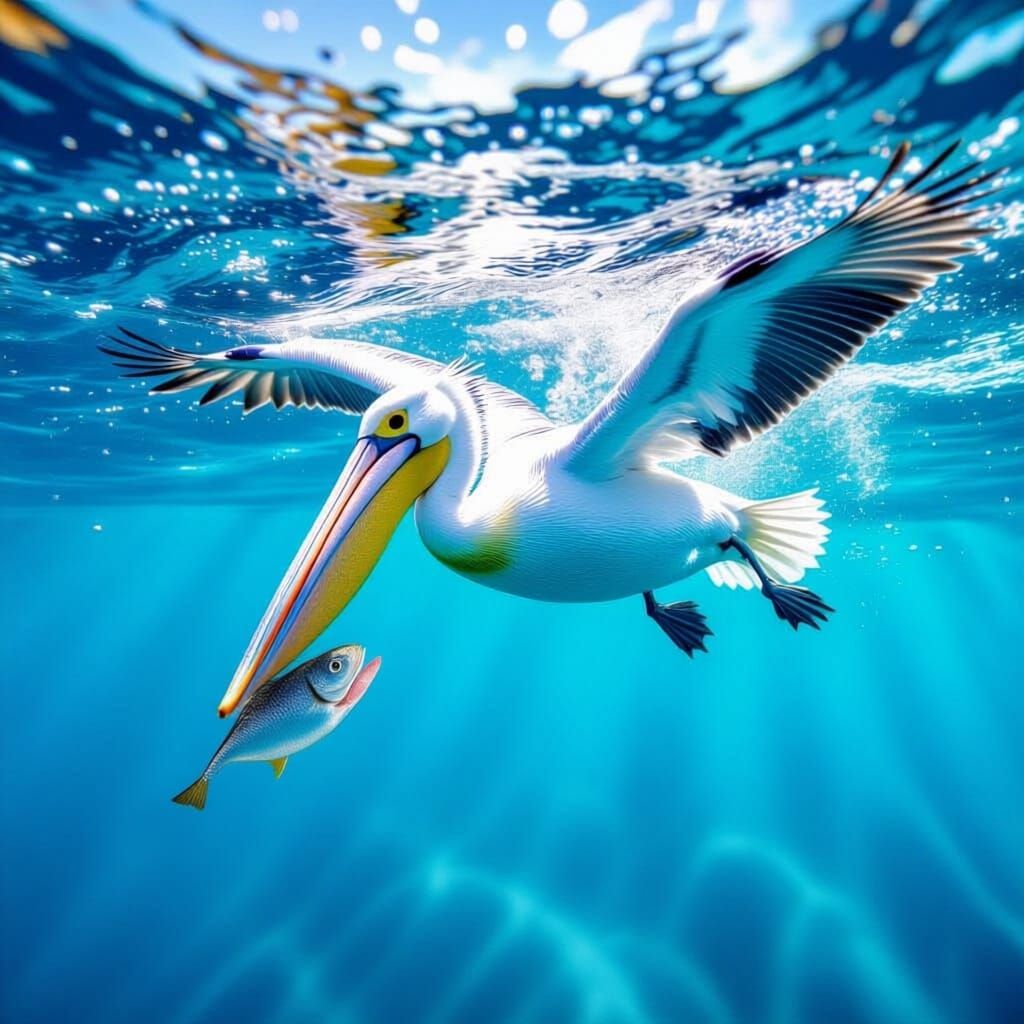 Pelican Catches Fish Underwater Close Up