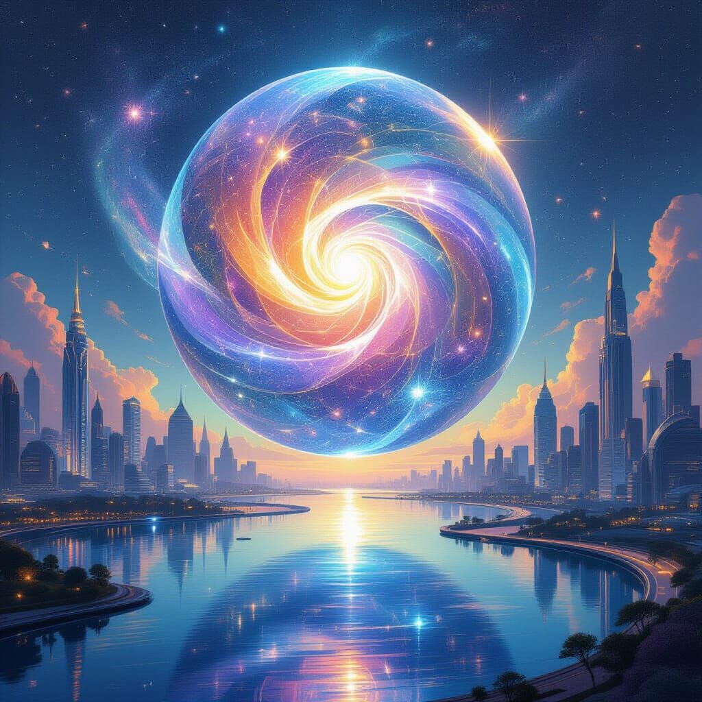 Cosmic Being Over Futuristic City in Psychedelic Style