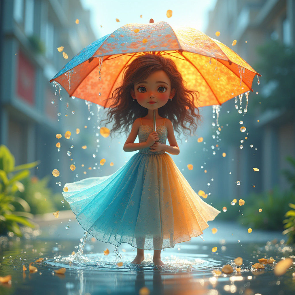 Ethereal Girl with Vibrant Rainbow Umbrella in Whimsical Wat...