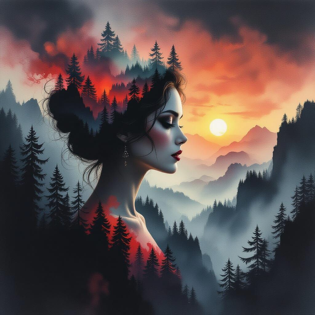 Mysterious Woman Merges With Misty Volcanic Landscape