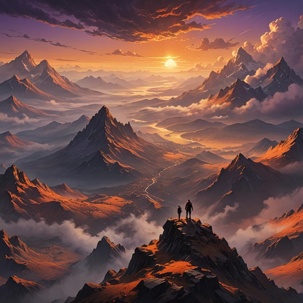 Epic Sunset Fantasy Art: Lone Figure on Mountain