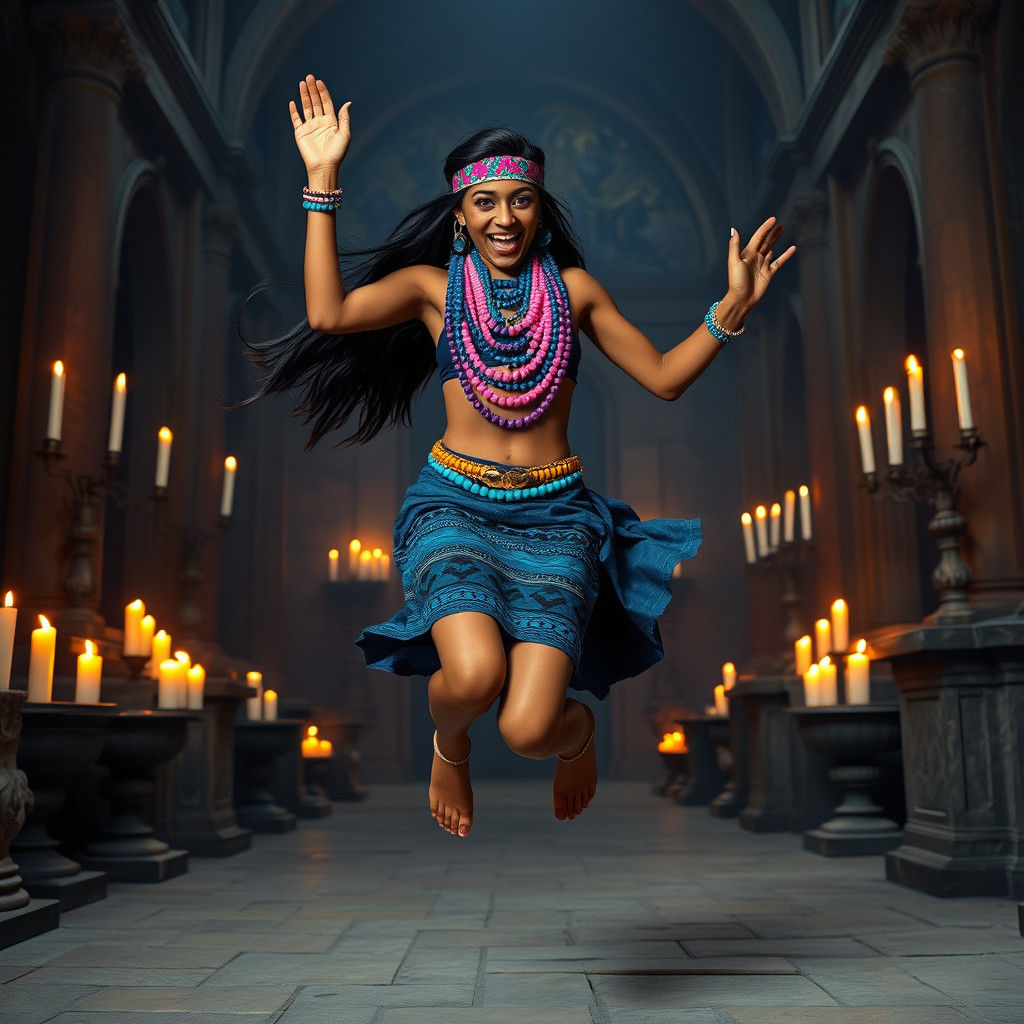 Aztec Woman's Joyful Leap in Gothic Mausoleum