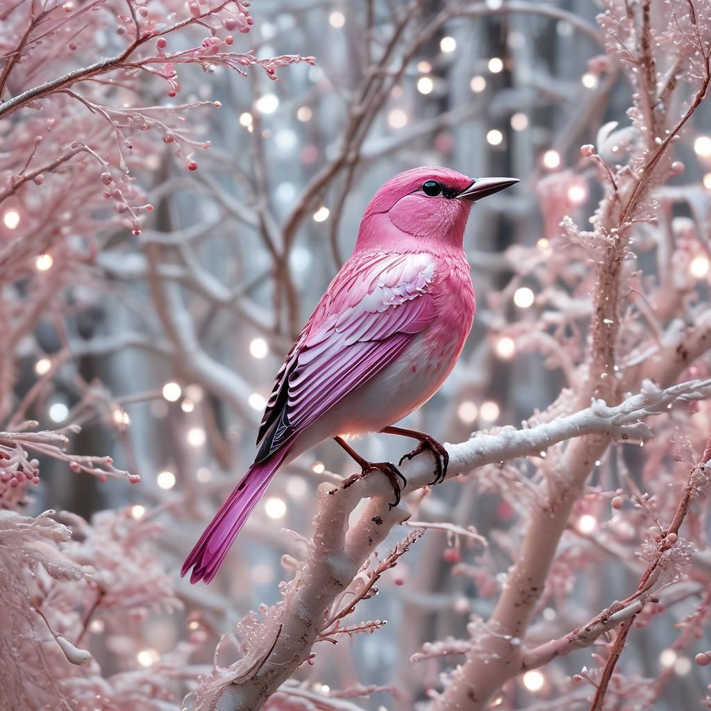 Shimmering Pink Songbird in Ethereal White Forest