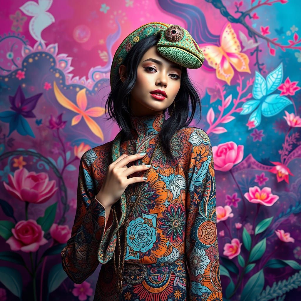 Vibrant Dreamlike Portrait of a Chameleon Woman in Abstract ...