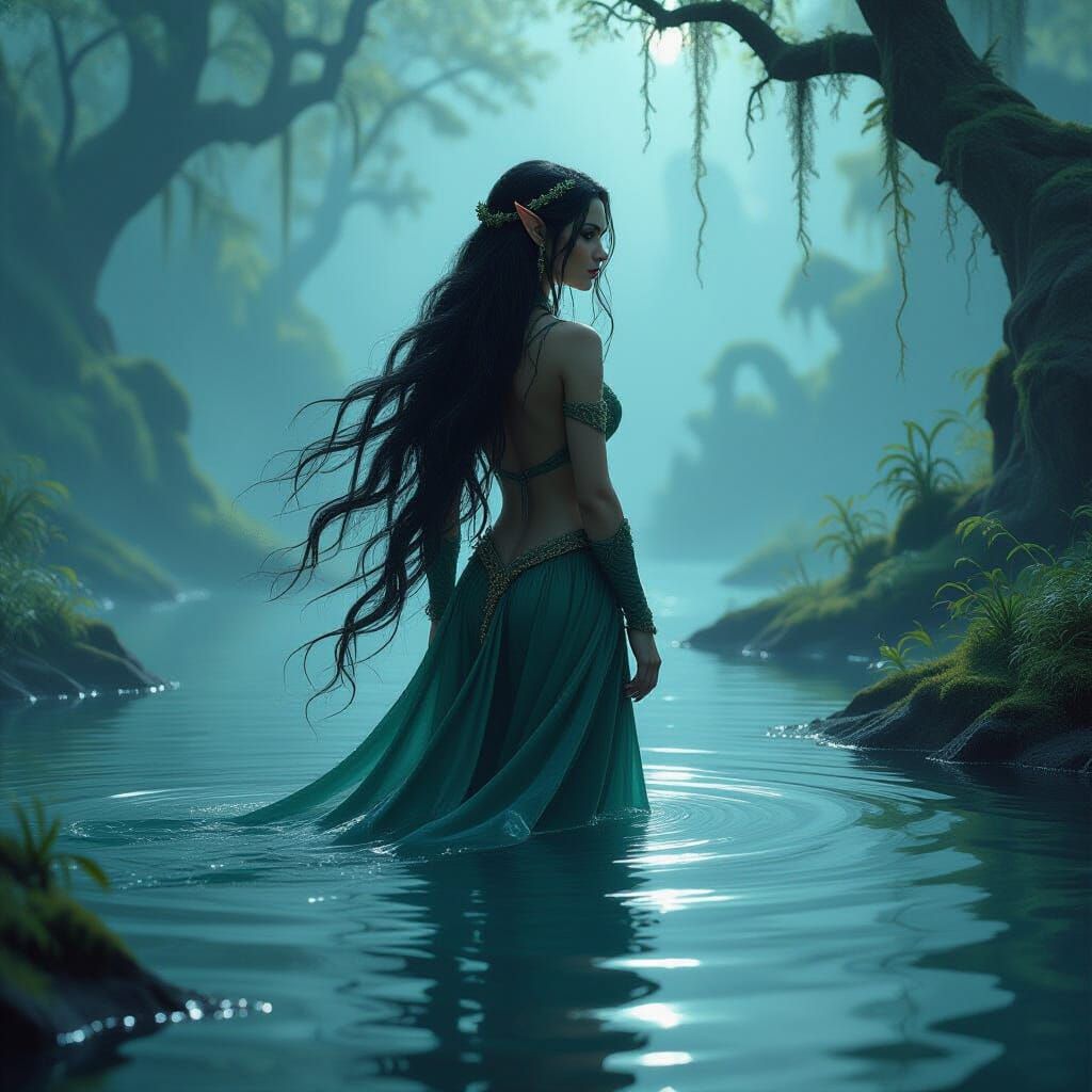 Emerald Elf Emerges from Misty Dark Lake