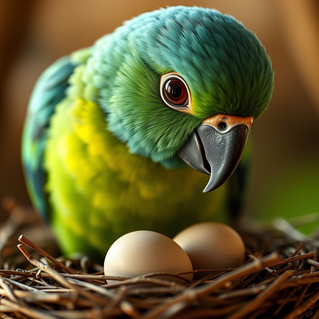 Blue and Green Parrot with Eggs in Nest