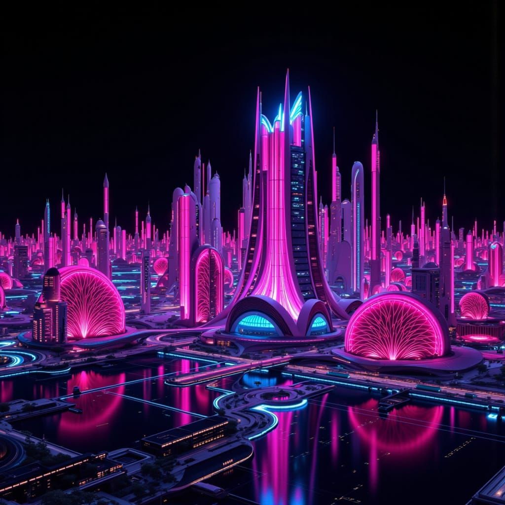 Cyberpunk Architecture with Neon Trees
