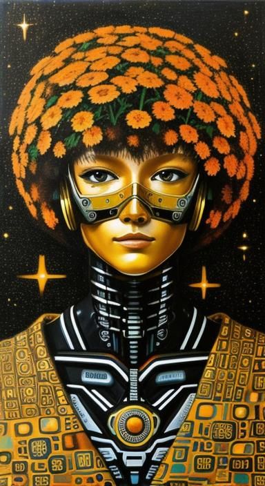 Cyberpunk Robot in Liminal Space with Geometric Marigolds