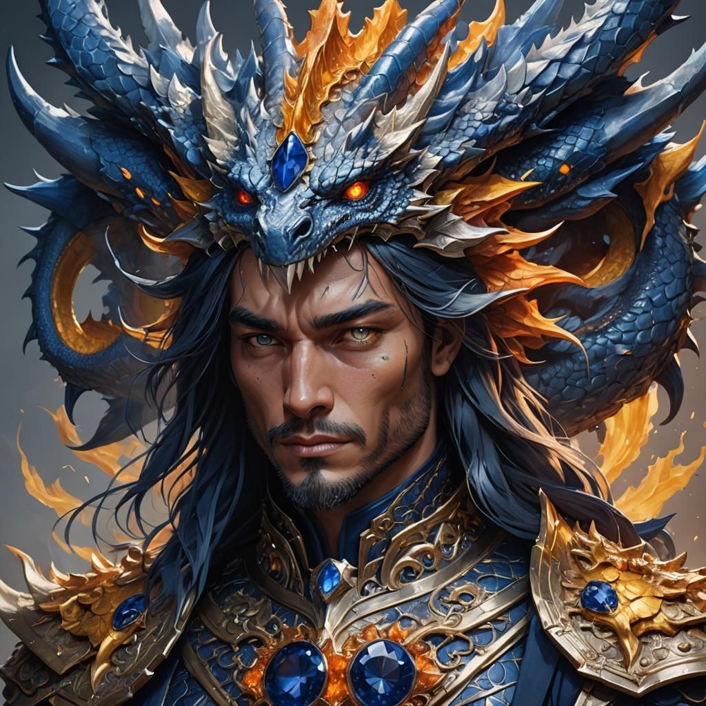 Blue Dragon Portrait in Art Nouveau Style