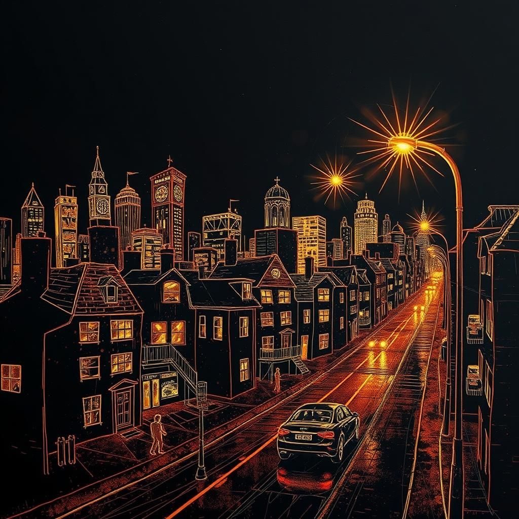 Bioluminescent Wire Cityscape at Night