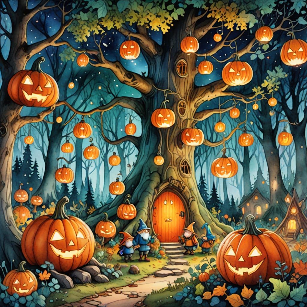 Whimsical Pumpkin Tree With Forest Creatures in Watercolor