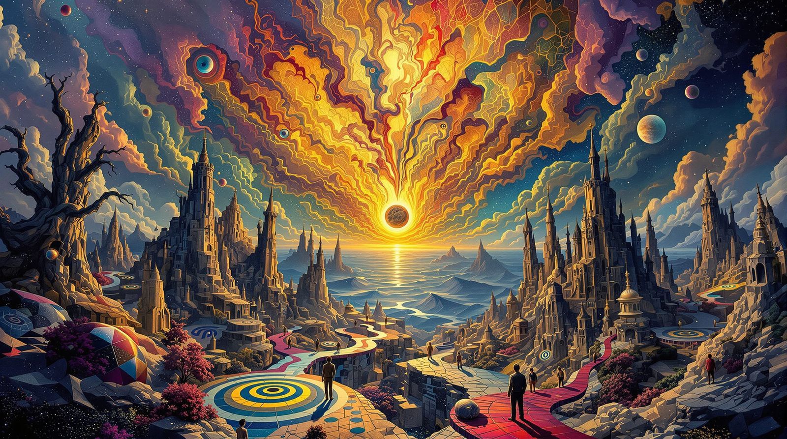 Surreal Mindscape: Escher Meets Dali Under Fractal Sky